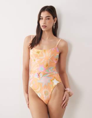 Never Fully Dressed Scoop Neck Belt Detail Swimsuit In Orange