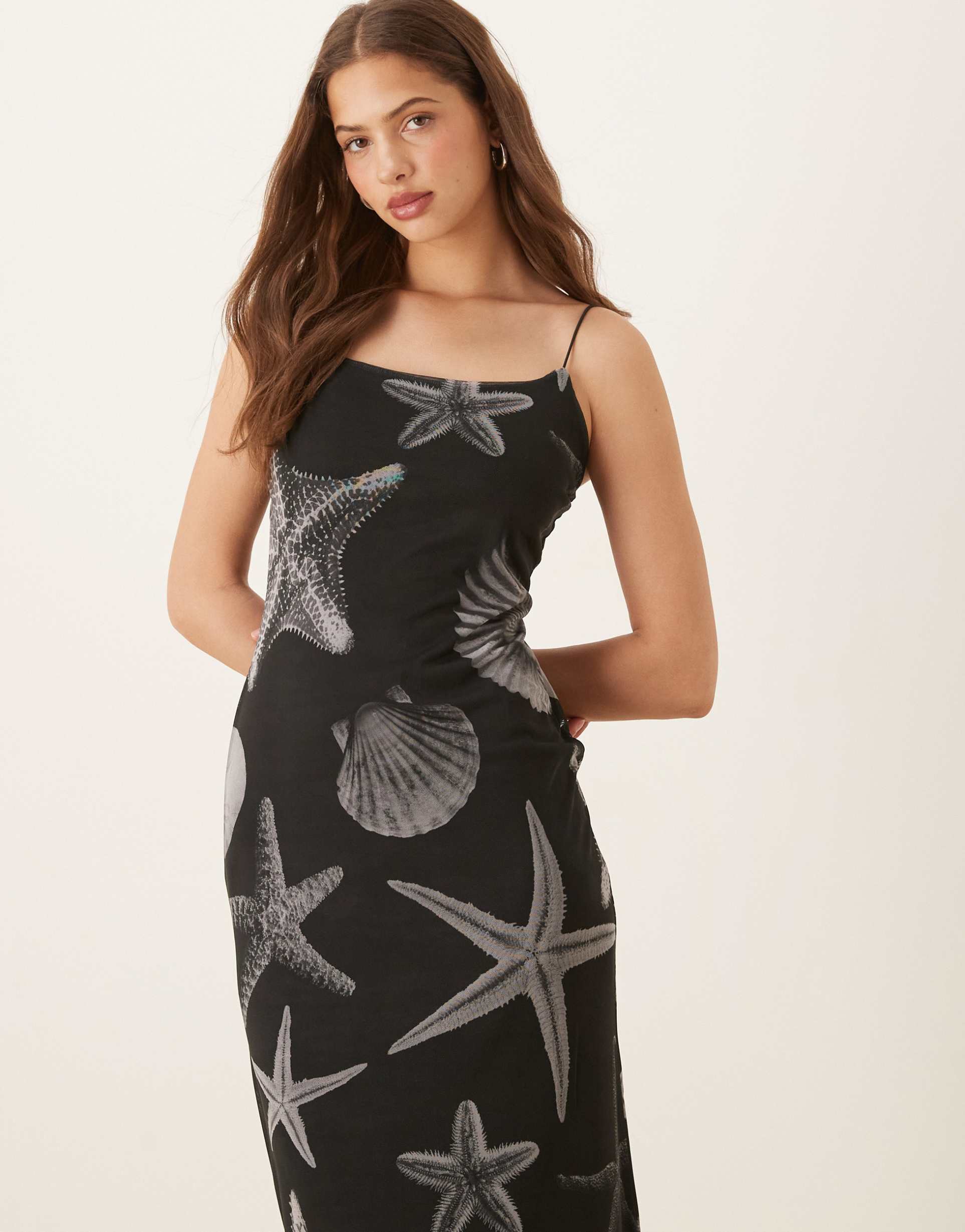never fully dressed seashell print mesh cami dress in black