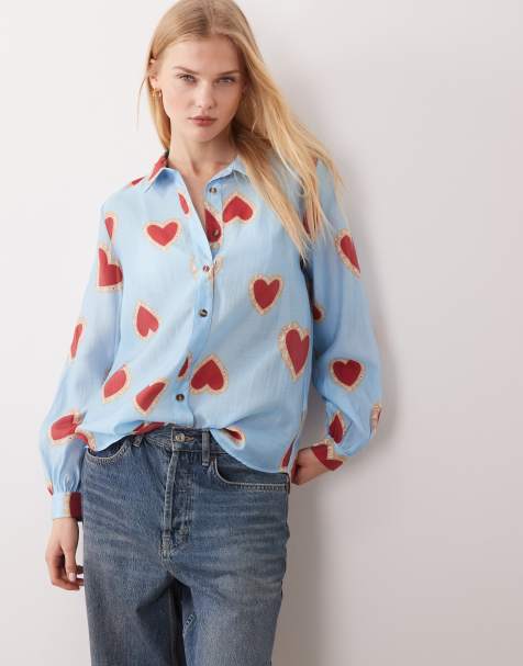 Never Fully Dressed semi sheer balloon sleeve shirt in baby blue heart print - view 1