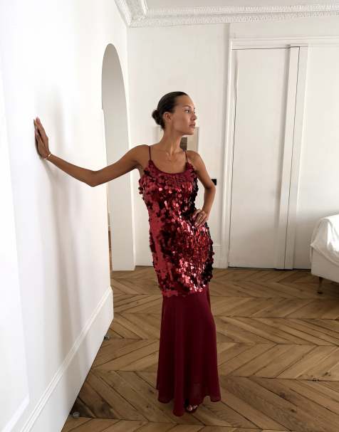 Never Fully Dressed sequin cami chiffon skirt maxi dress in burgundy - view 1
