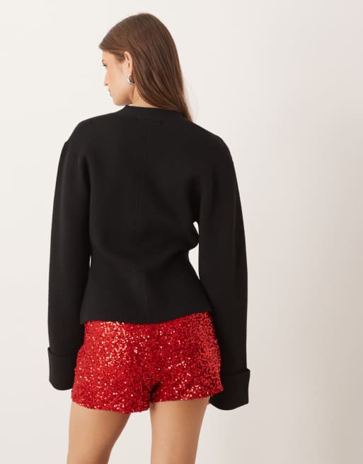 Never Fully Dressed sequin hotpant in red, 4 of 5