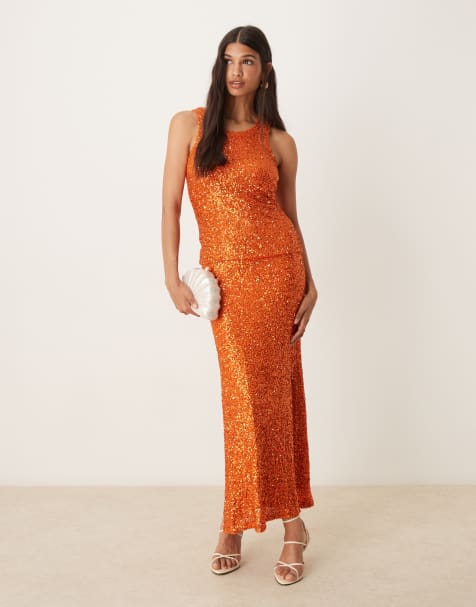 Never Fully Dressed sequin maxi skirt co-ord in rust