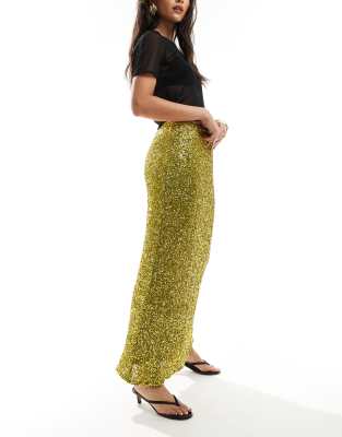 Shop Never Fully Dressed sequin maxi skirt in olive Online – Trendy & Affordable Fashion