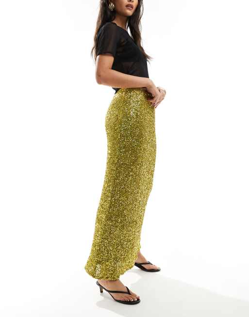 Never Fully Dressed sequin maxi skirt in olive ASOS