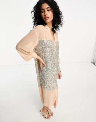 Never Fully Dressed sequin panel shirt midaxi dress in blush