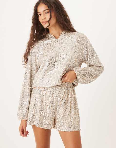 Never Fully Dressed sequin short co-ord in silver - view 1