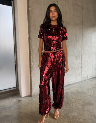 Never Fully Dressed Sequin Short Sleeve Crop T-shirt Co-ord In Red