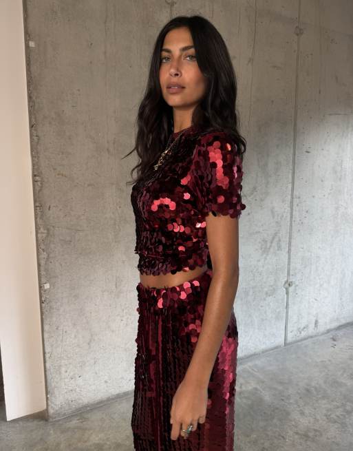 Never Fully Dressed sequin short sleeve crop t-shirt co-ord in red, 4 of 4