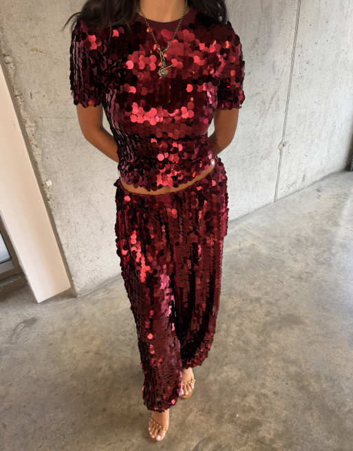 Never Fully Dressed sequin short sleeve crop t-shirt set in red, 2 of 4