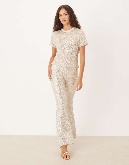 Never Fully Dressed sequin t-shirt co-ord in silver, 3 of 4