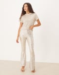 [Never Fully Dressed] Never Fully Dressed sequin t-shirt flared pants in silver 12 Silver