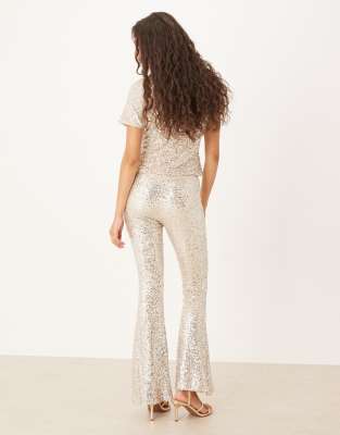 Never Fully Dressed Sequin T-shirt Flared Pants In White