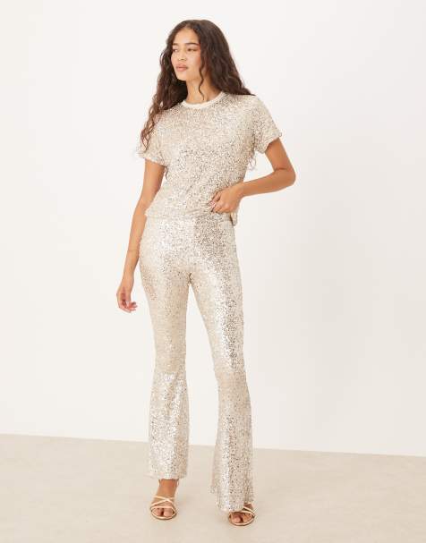 Never Fully Dressed sequin t-shirt flared trouser in silver - view 1
