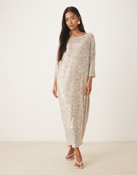 Never Fully Dressed sequin t-shirt maxi dress in silver