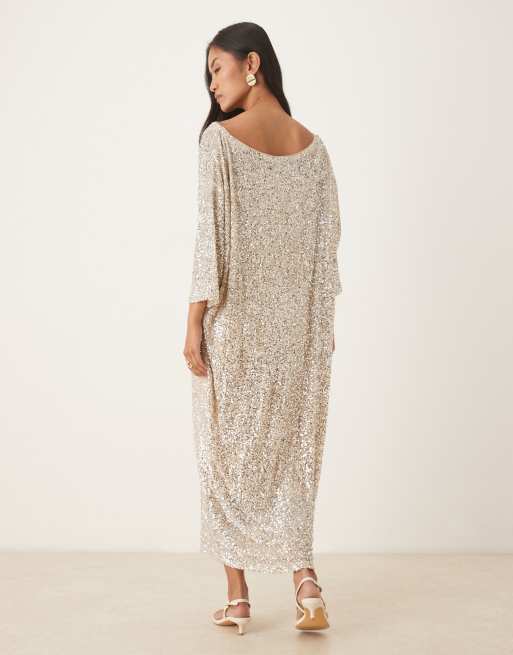 Never Fully Dressed sequin t-shirt maxi dress in silver, 4 of 4