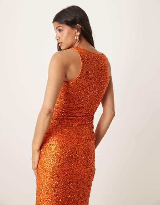 Never Fully Dressed sequin tank top co-ord in rust, 3 of 4