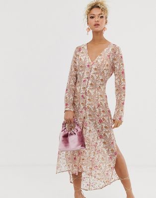 Never Fully Dressed sheer floral print shirt dress in multi - Never Fully Dressed online sale ...