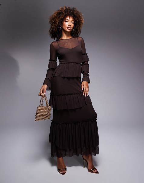 Never Fully Dressed sheer ruffle mesh maxi dress in chocolate - view 1