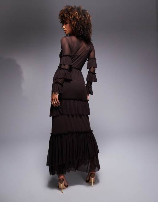 Never Fully Dressed sheer ruffle mesh maxi dress in chocolate