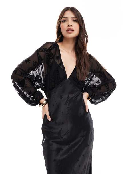 Never Fully Dressed sheer sleeve contrast satin maxi dress in black - view 1