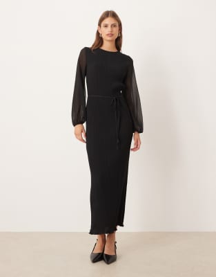 Never Fully Dressed Never Fully Dressed sheer sleeve plisse midaxi dress in black