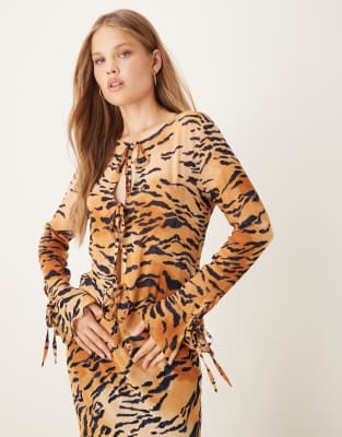 Never Fully Dressed Never Fully Dressed sheer tie front top co-ord in tiger print-Multi