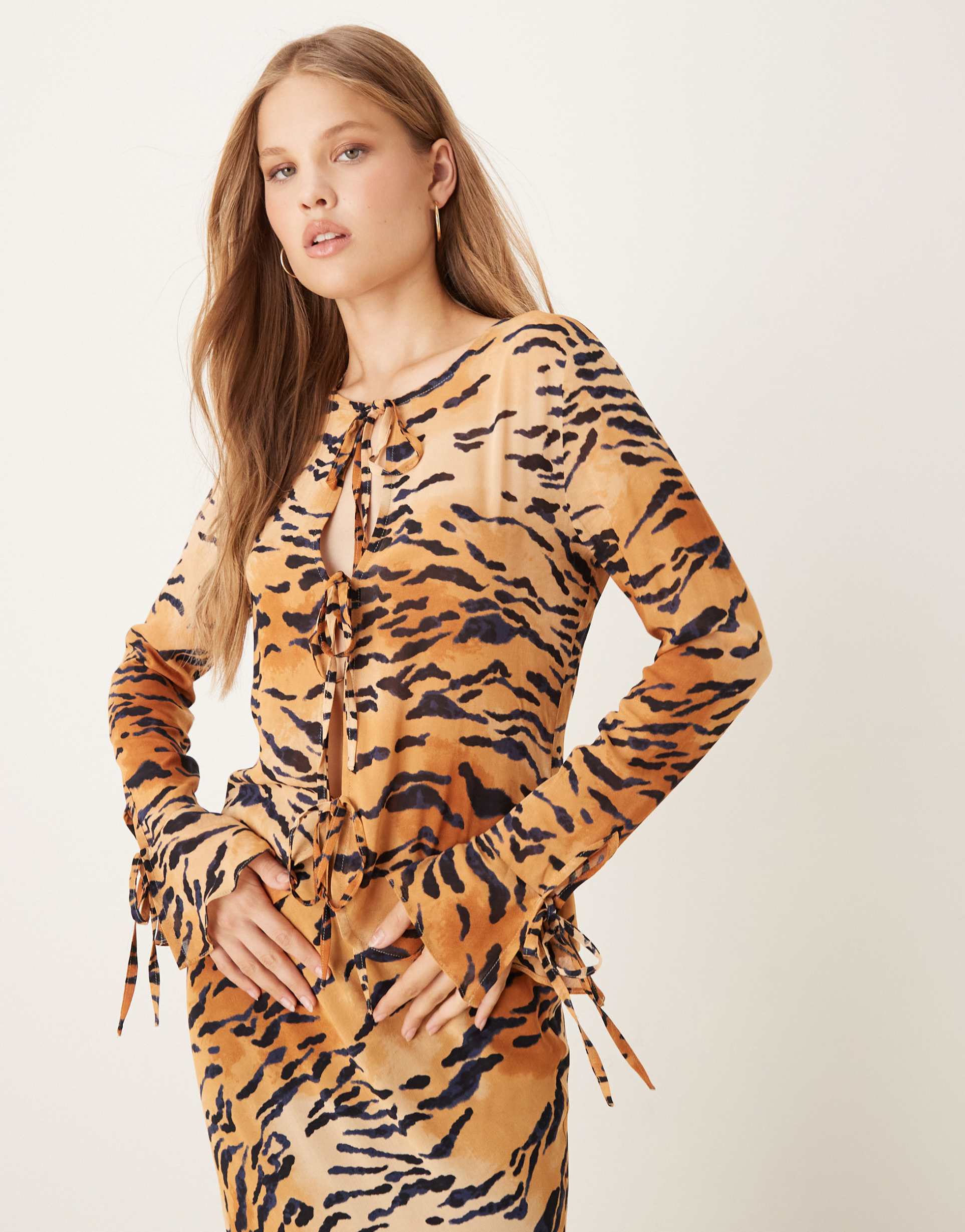 never fully dressed sheer tie front top in tiger print - part of a set