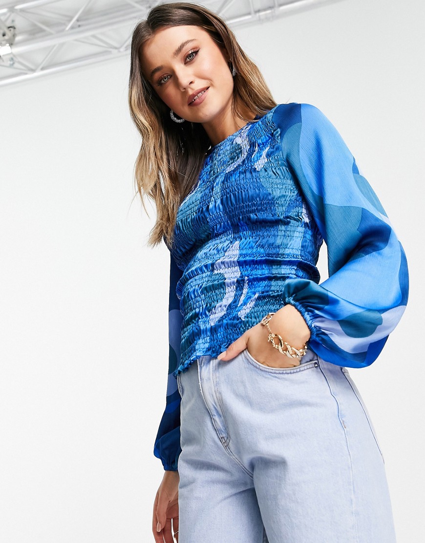Never Fully Dressed shirred balloon sleeve top set in blue abstract print-Blues