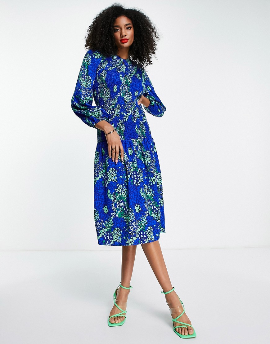 Never Fully Dressed shirred midaxi dress in blue leopard print-Blues