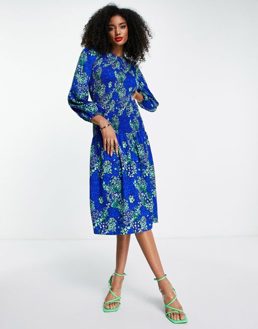 Never Fully Dressed shirred midaxi dress in blue leopard print | ASOS