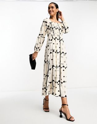 Never Fully Dressed shirred midaxi dress in monochrome heart print