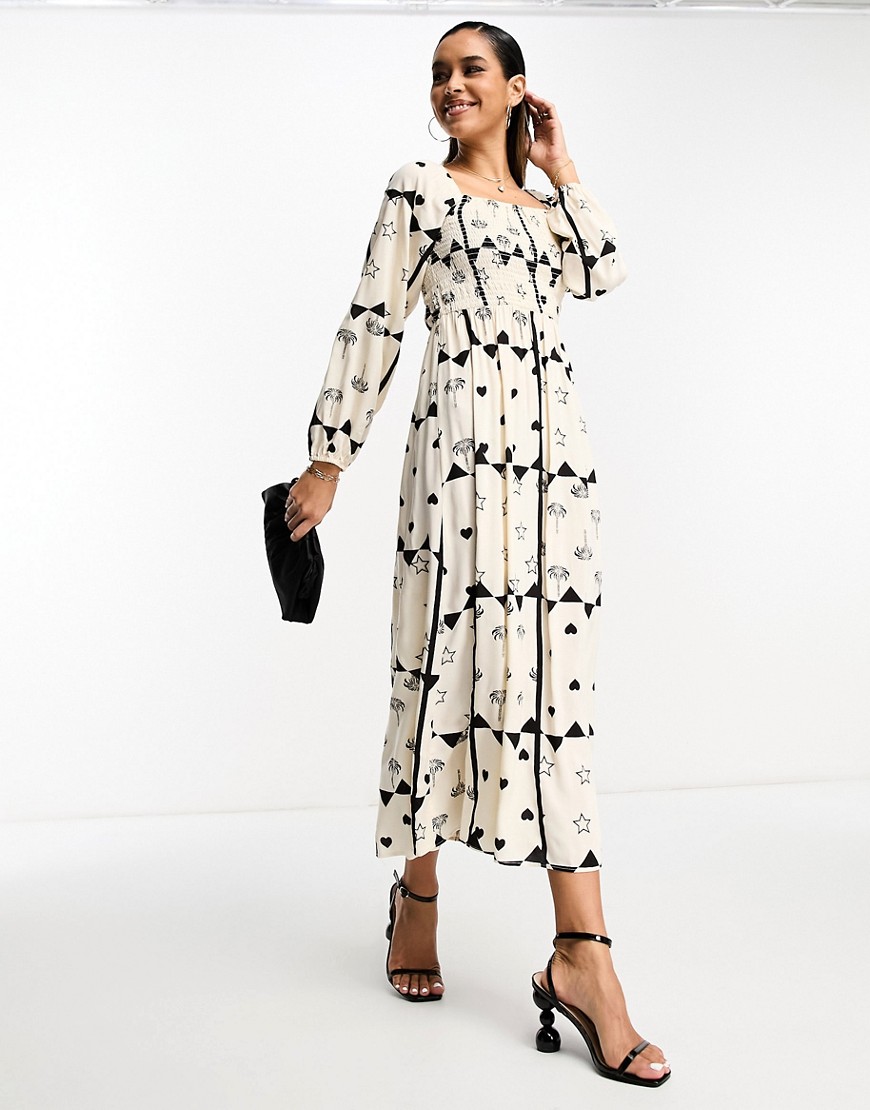 Never Fully Dressed Shirred Midaxi Dress In Monochrome Heart Print-white
