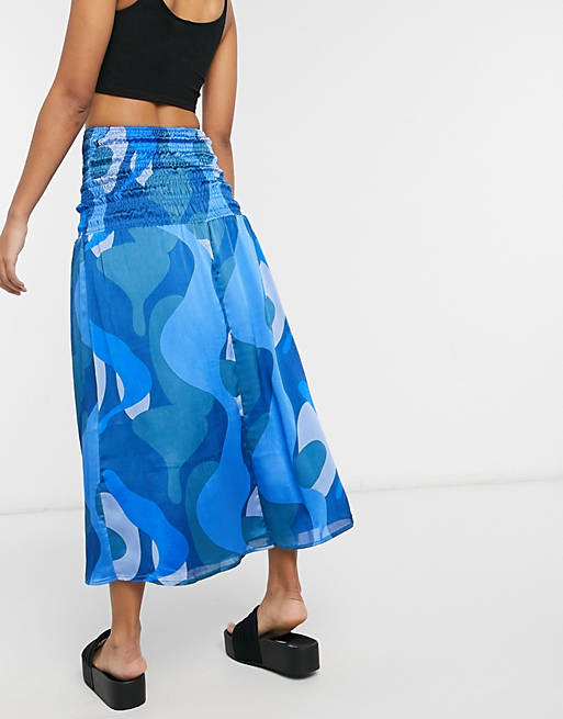 Women Never Fully Dressed shirred midi skirt co-ord in blue abstract print 