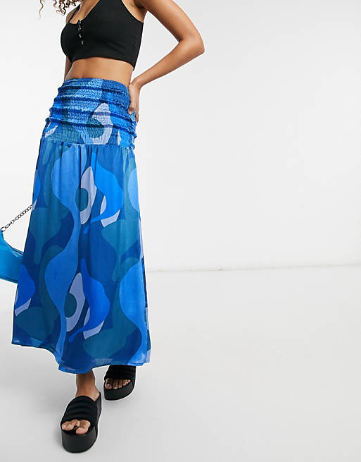 Women Never Fully Dressed shirred midi skirt co-ord in blue abstract print 