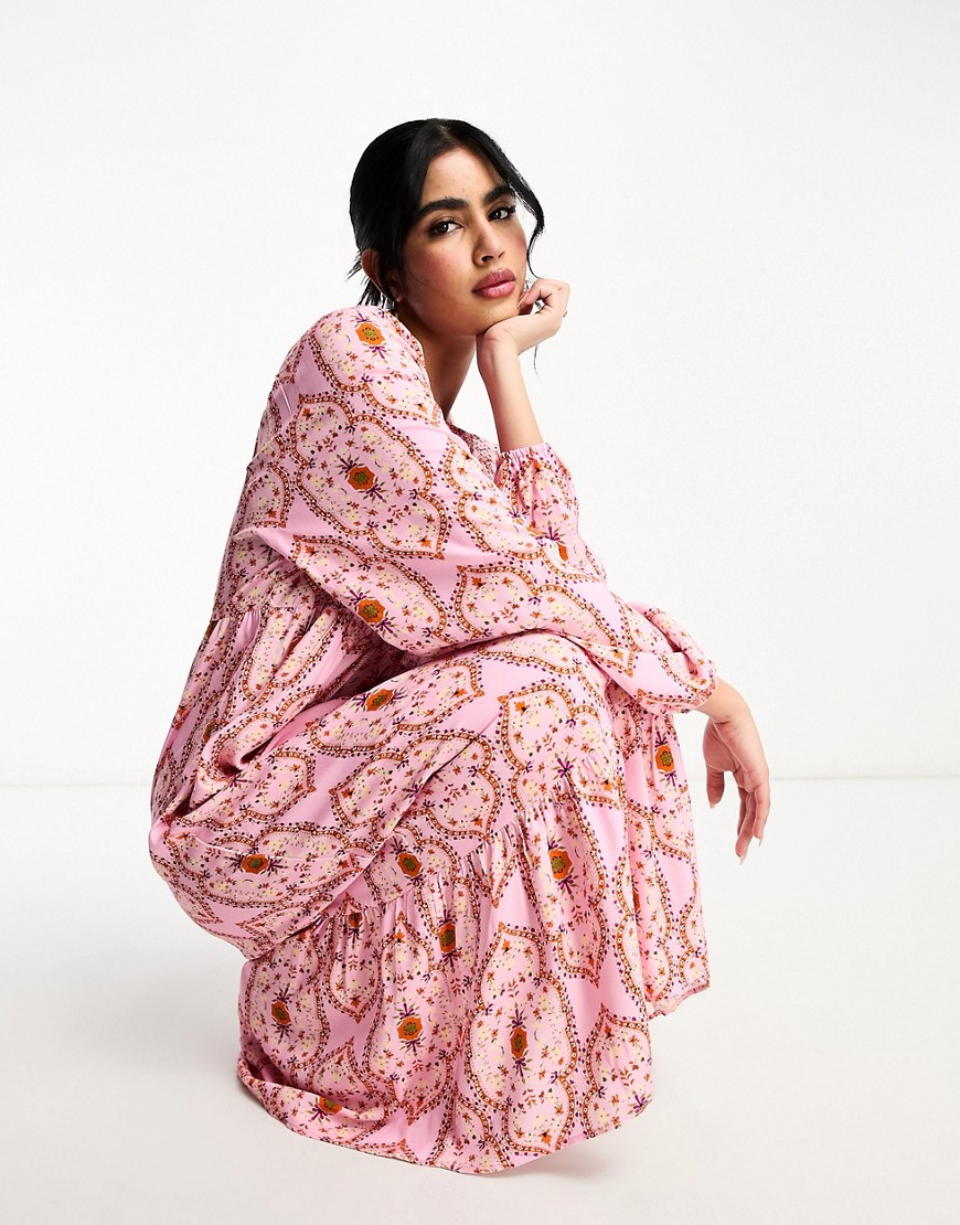 Never Fully Dressed shirred smock midaxi dress in pink tile print