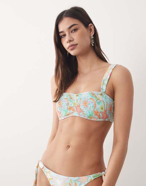 Never Fully Dressed shirred strappy bikini top co-ord in blue sun print