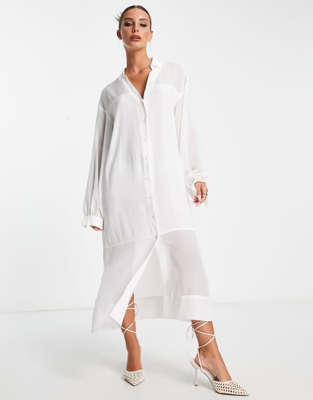 Never Fully Dressed shirt midi dress with sheer panel in white