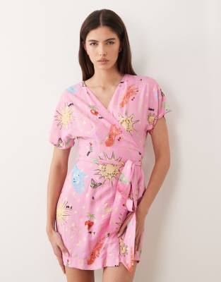 Never Fully Dressed Short Sleeve Tie Detail Wrap Mini Dress In Multi