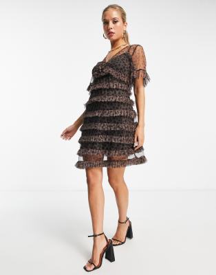 short sleeve tiered mesh mini dress in leopard