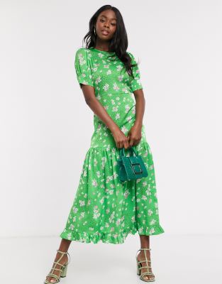 round neck ruffled hem printed maxi dress