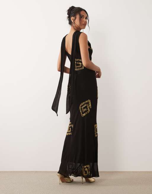 Never Fully Dressed - Simona - Vestito lungo nero senza maniche con sciarpa e paillettes , 2 di 4