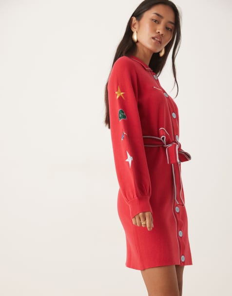 Never Fully Dressed ski motif knit cardigan mini dress in red - view 1