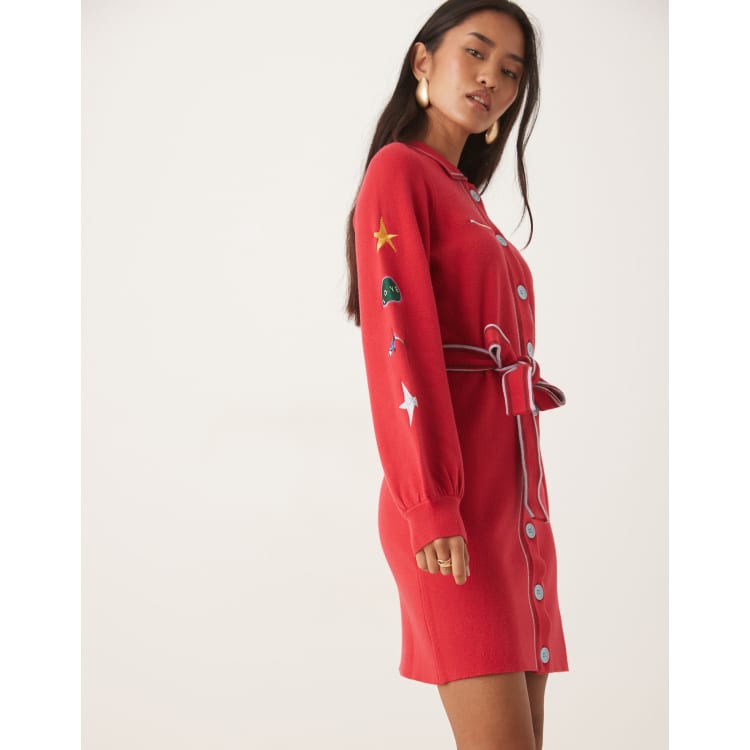 Never Fully Dressed ski motif knit cardigan mini dress in red | ASOS