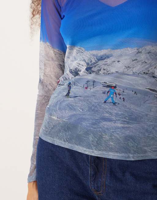 Never Fully Dressed ski slopes mesh long sleeve top in blue, 3 of 4