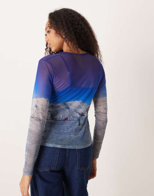 Never Fully Dressed ski slopes mesh long sleeve top in blue, 4 of 4