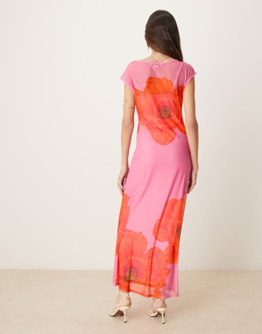 Never Fully Dressed sleeveless poppy print mesh maxi dress in pink
