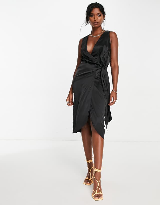 Never Fully Dressed sleeveless satin midi wrap dress in black