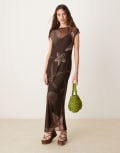 [Never Fully Dressed] Never Fully Dressed sleeveless shell print mesh maxi dress in chocolate-Brown 8 Chocolate