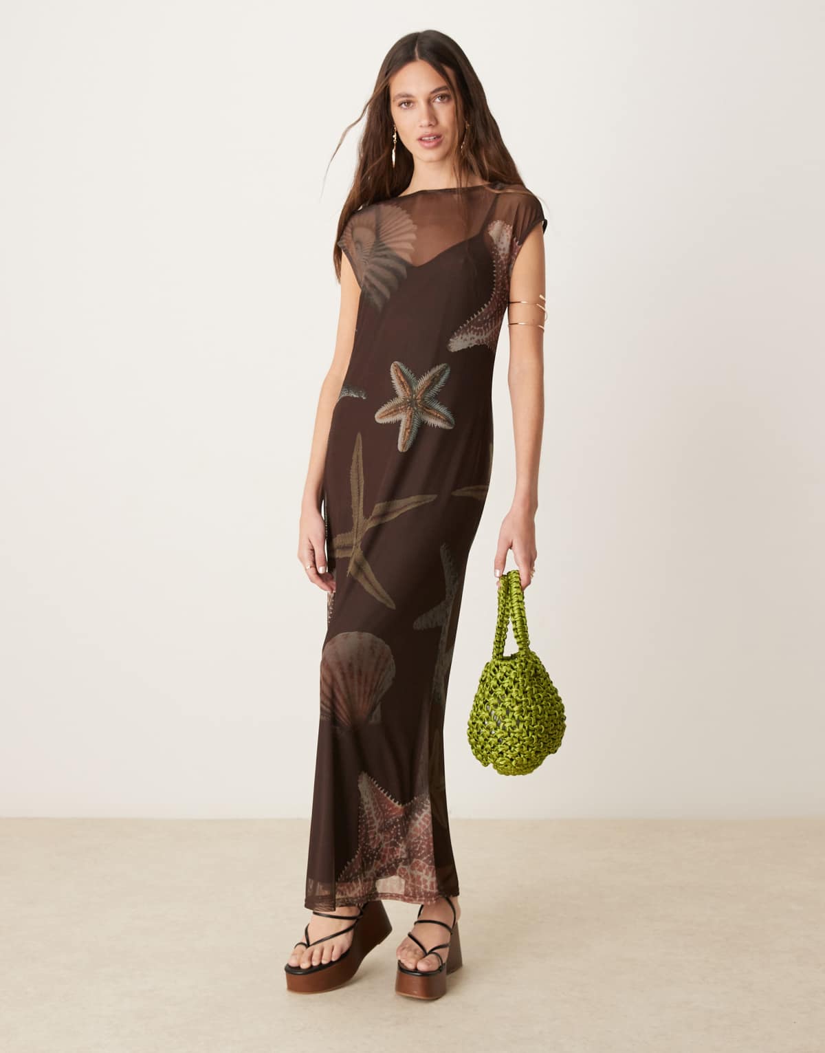 Never Fully Dressed sleeveless shell print mesh maxi dress in chocolate