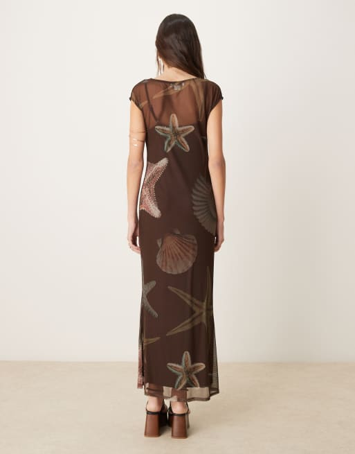 Never Fully Dressed sleeveless shell print mesh maxi dress in chocolate |  ASOS